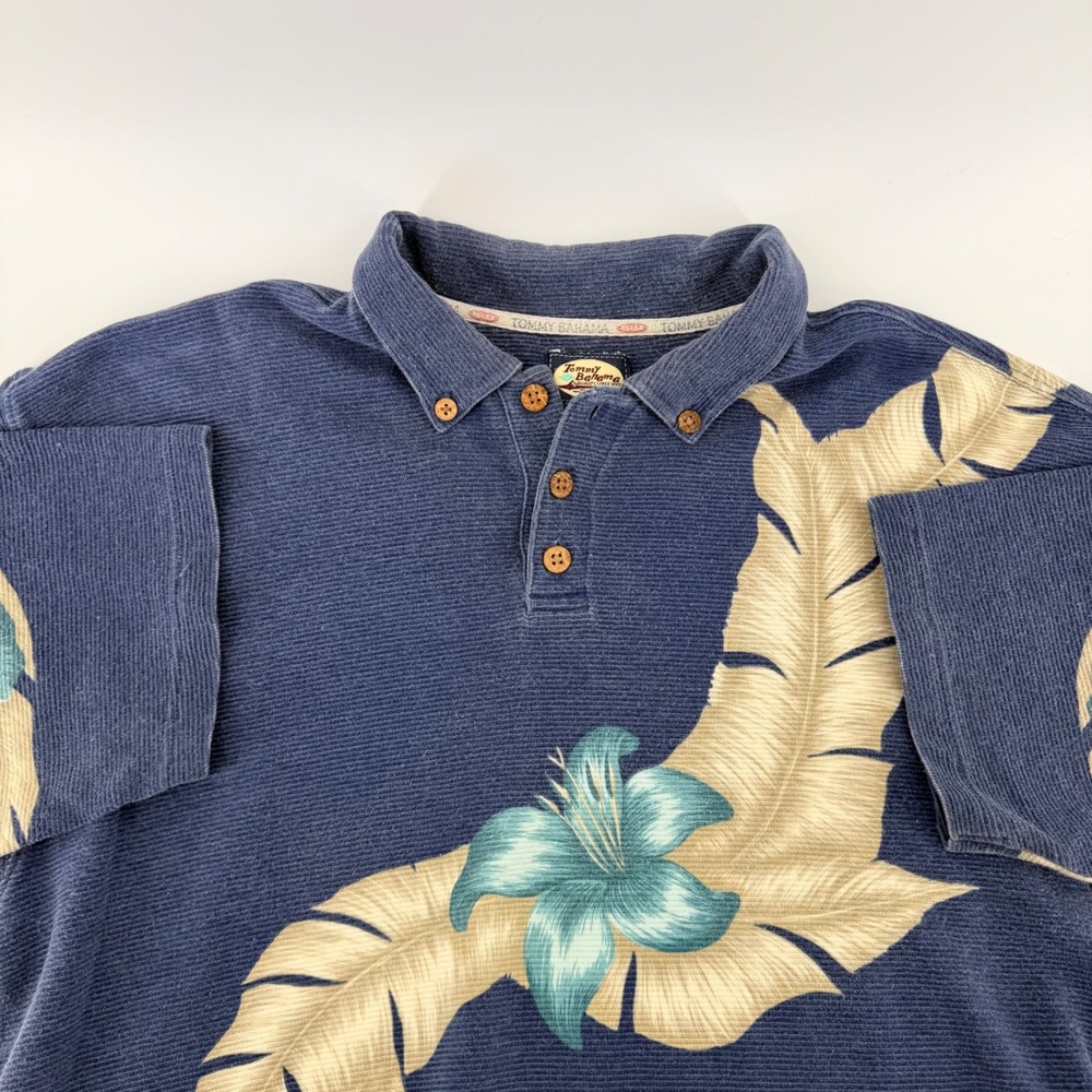 Tommy Bahama Relax Polo Shirt Tropical Floral Palm Ribbed Blue Large L